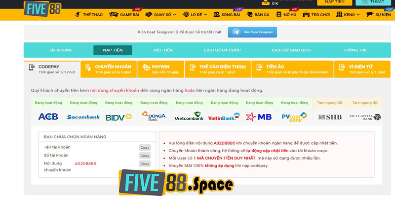 Cách bước nạp tiền Five88 dành cho tân thủ