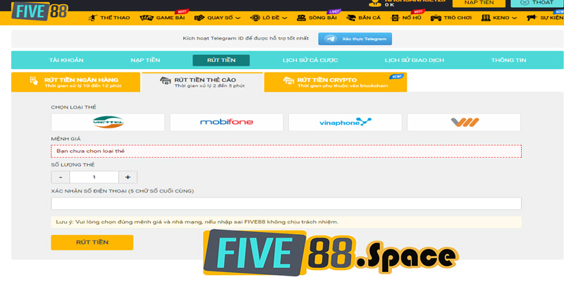 Rút tiền Five88 qua thẻ cào