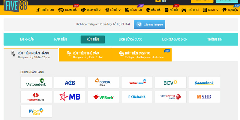 Rút tiền Five88 qua ngân hàng